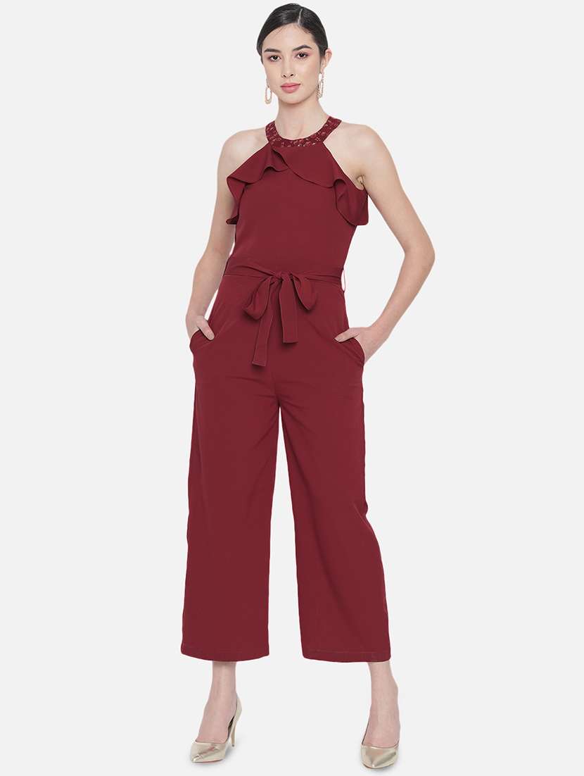 women solid halter neck full length jumpsuit