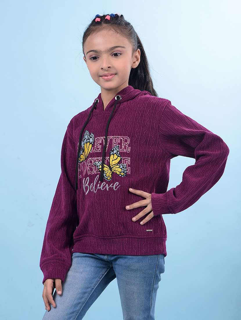girls self design hooded neck sweater - 21688435 - Standard Image - 1