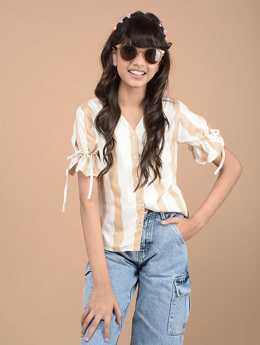 girls beige striped puff sleeve top