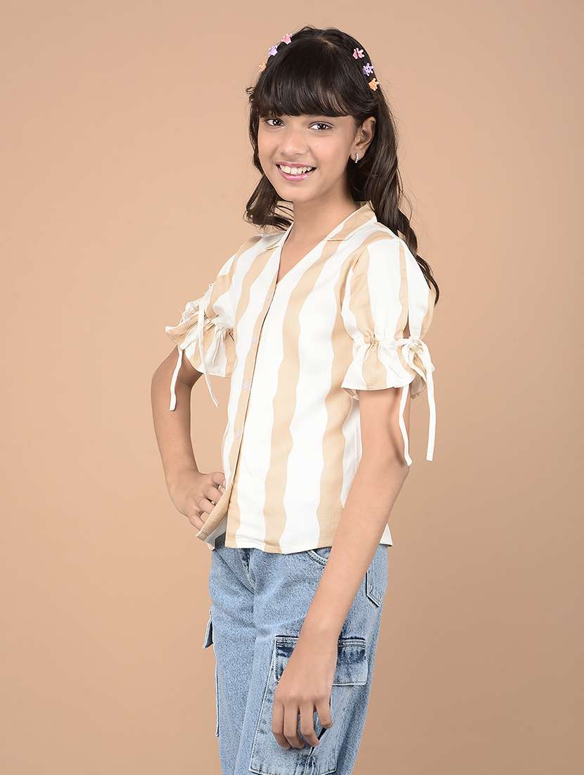 girls beige striped puff sleeve top - 21688448 -  Standard Image - 1