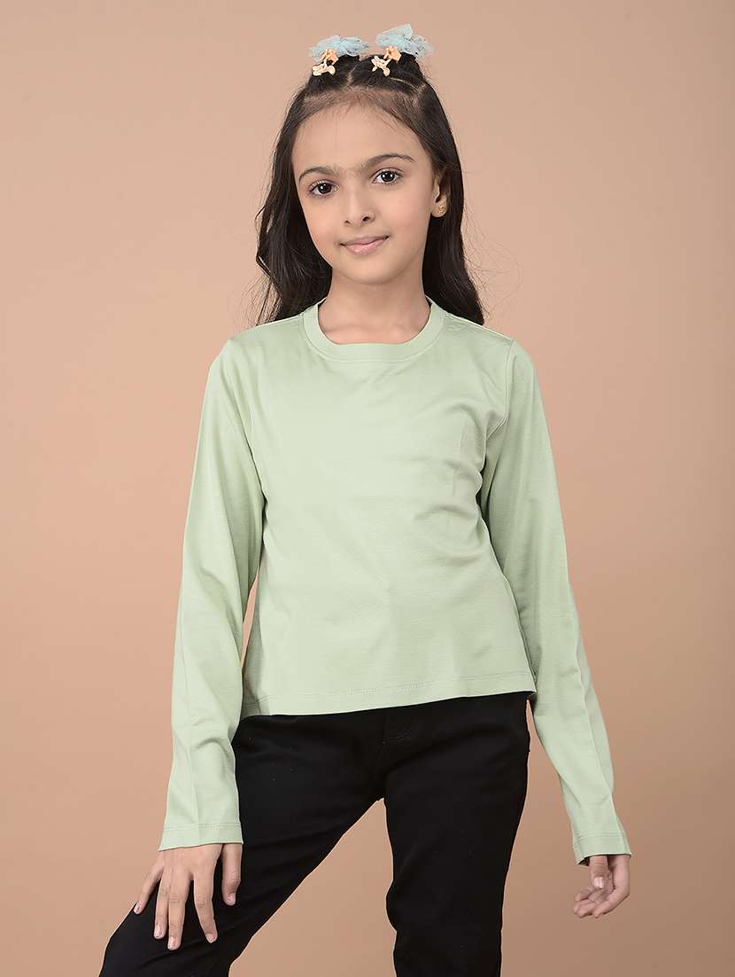 girls green solid long sleeve tees