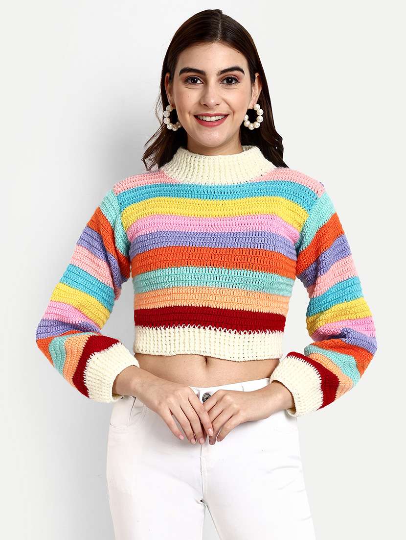 women striped long sleeve cropped pullover