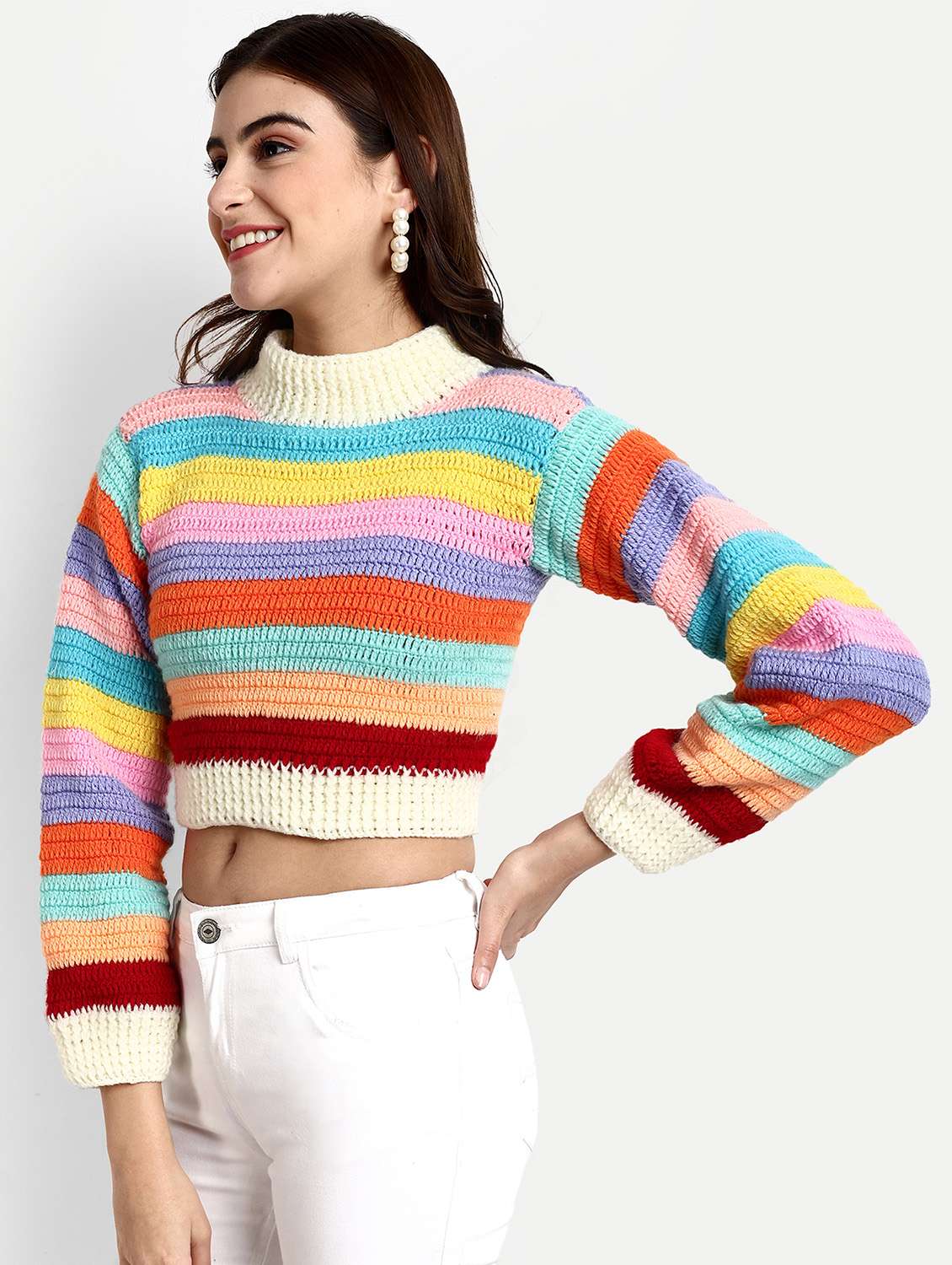 women striped long sleeve cropped pullover - 21688470 - Standard Image - 1