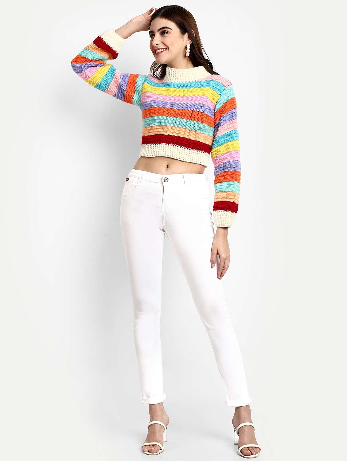 women striped long sleeve cropped pullover - 21688470 - Standard Image - 4