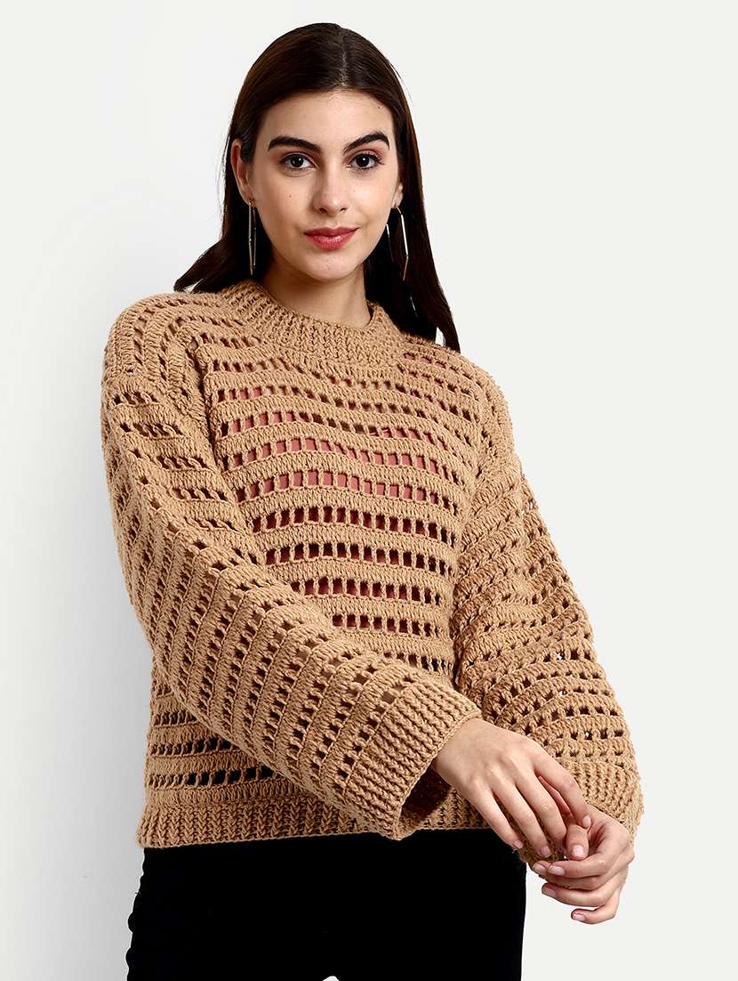women brown round neck long sleeve pullover