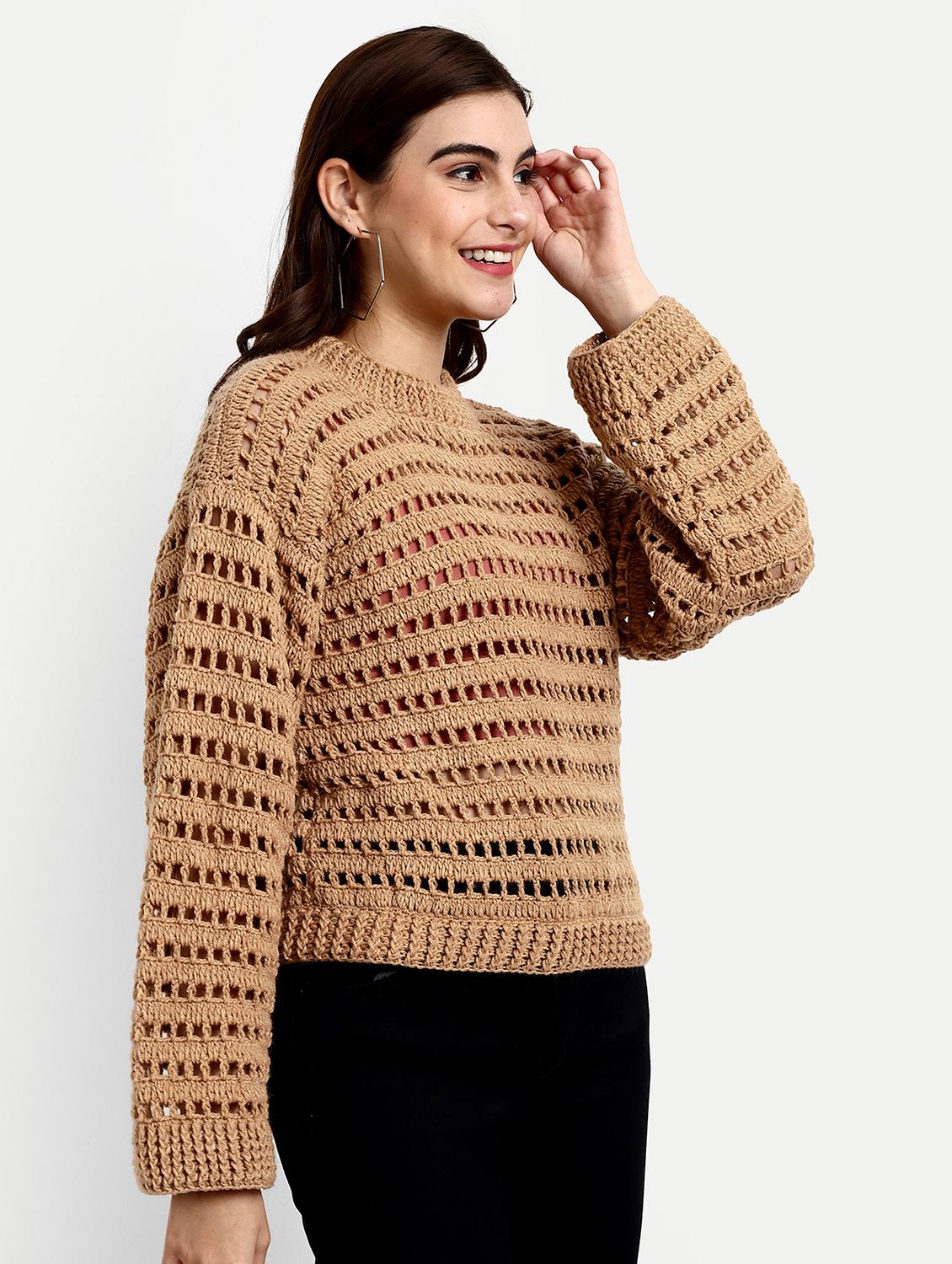 women brown round neck long sleeve pullover - 21688474 - Standard Image - 1