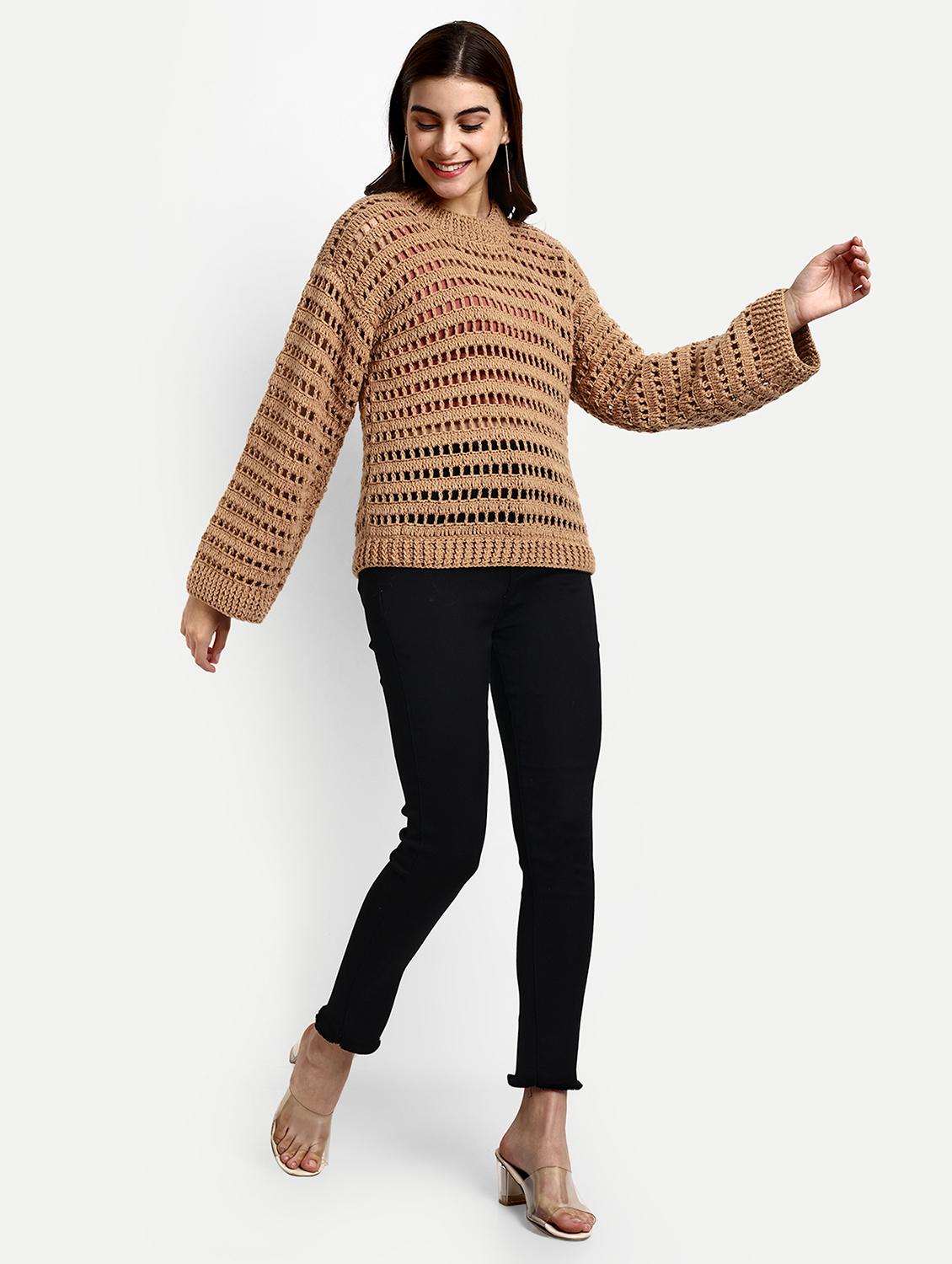 women brown round neck long sleeve pullover - 21688474 - Standard Image - 4