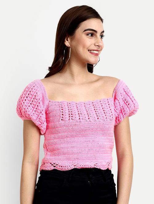 women crochet detailed puff sleeves top - 21688479 - Standard Image - 0