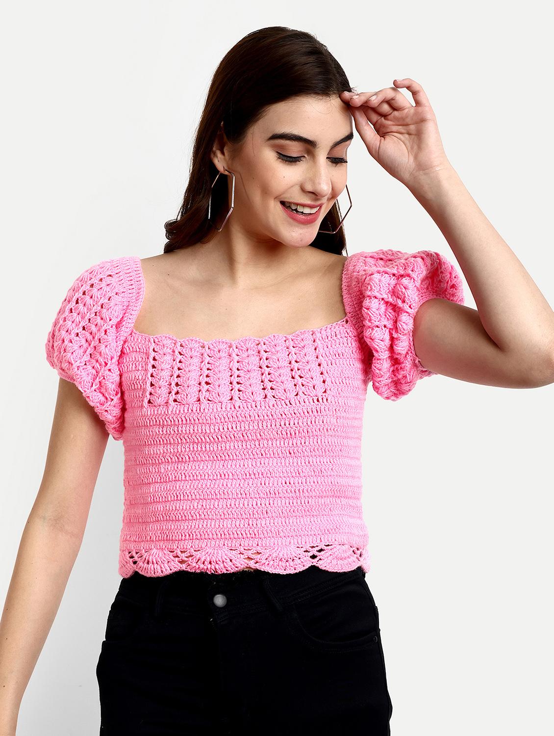 women crochet detailed puff sleeves top - 21688479 -  Standard Image - 1