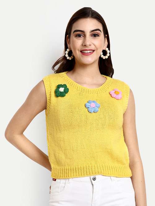 women crochet round neck sleeveless pullover