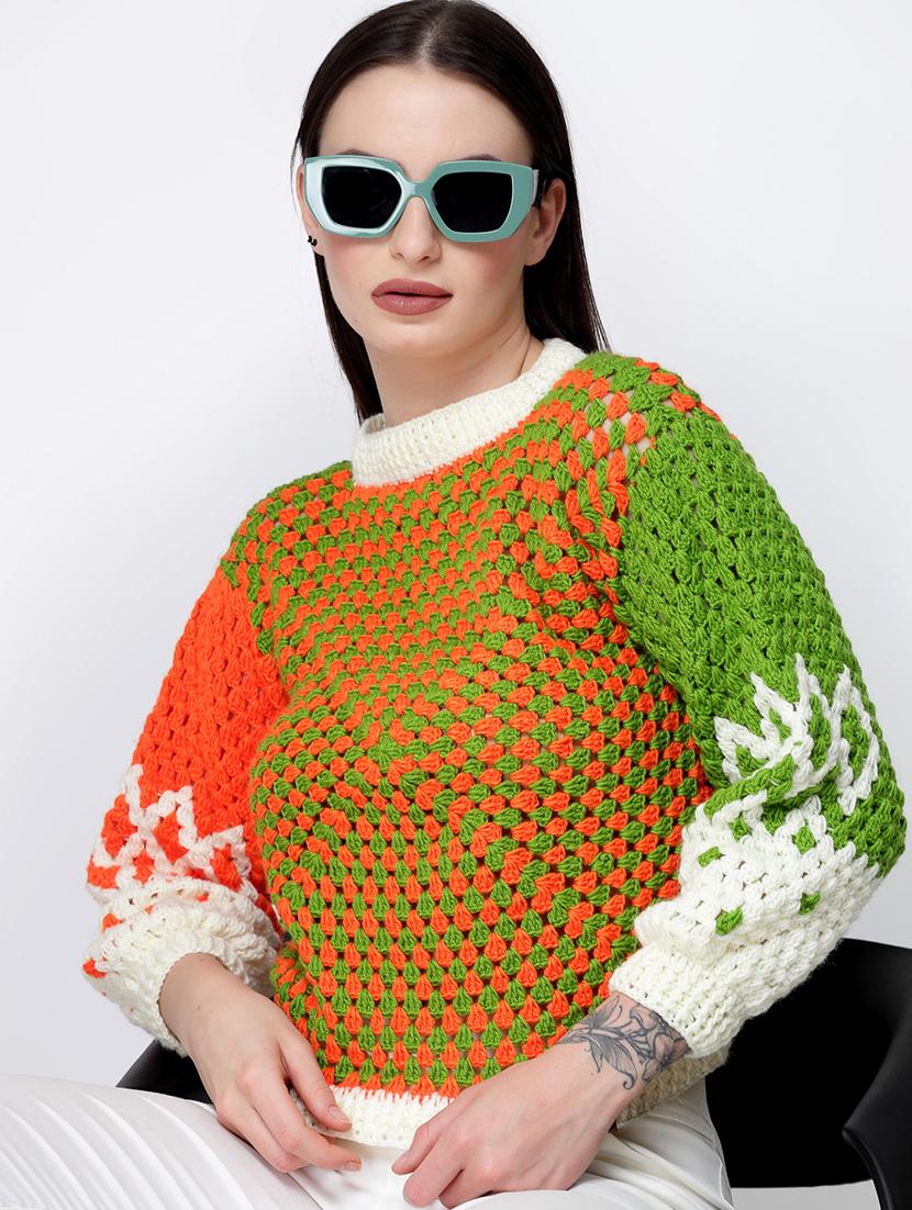 women color block round neck long sleeve pullover - 21688488 - Standard Image - 1