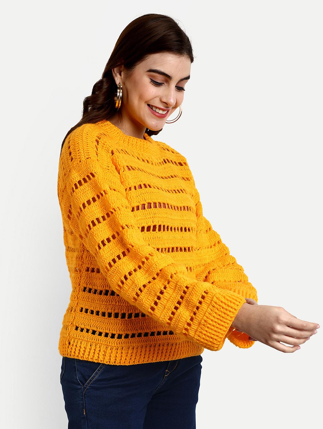 women round neck mustard long sleeve pullover - 21688489 - Standard Image - 1