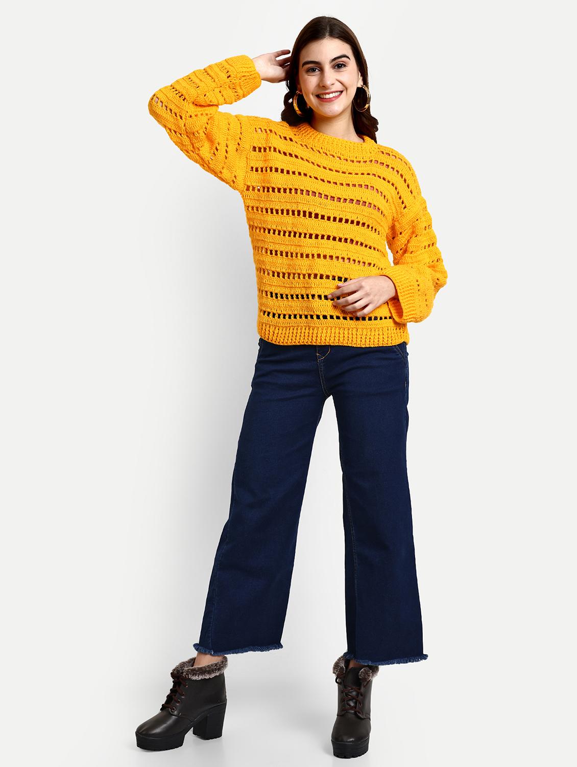 women round neck mustard long sleeve pullover - 21688489 - Standard Image - 4