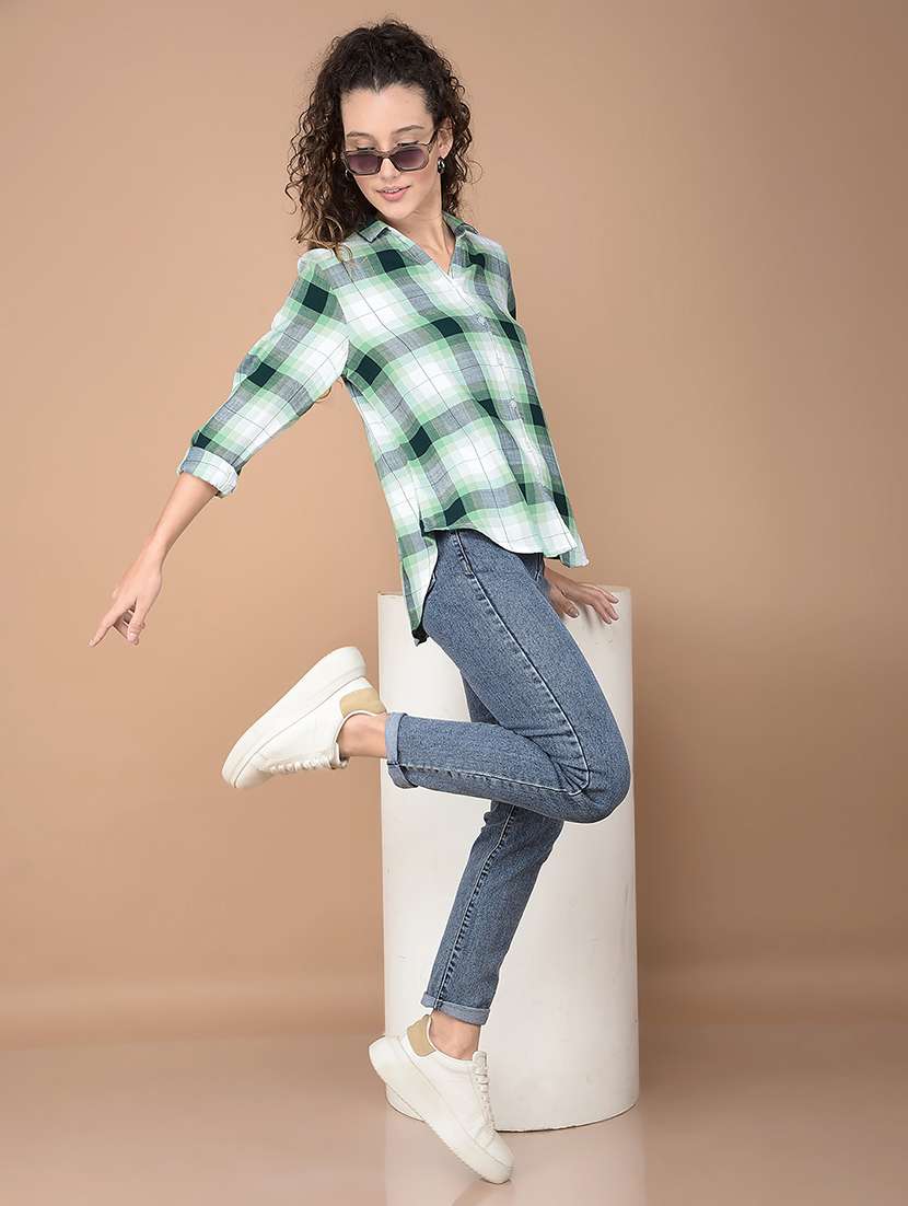 women checkered collared high low shirt - 21688700 -  Standard Image - 6