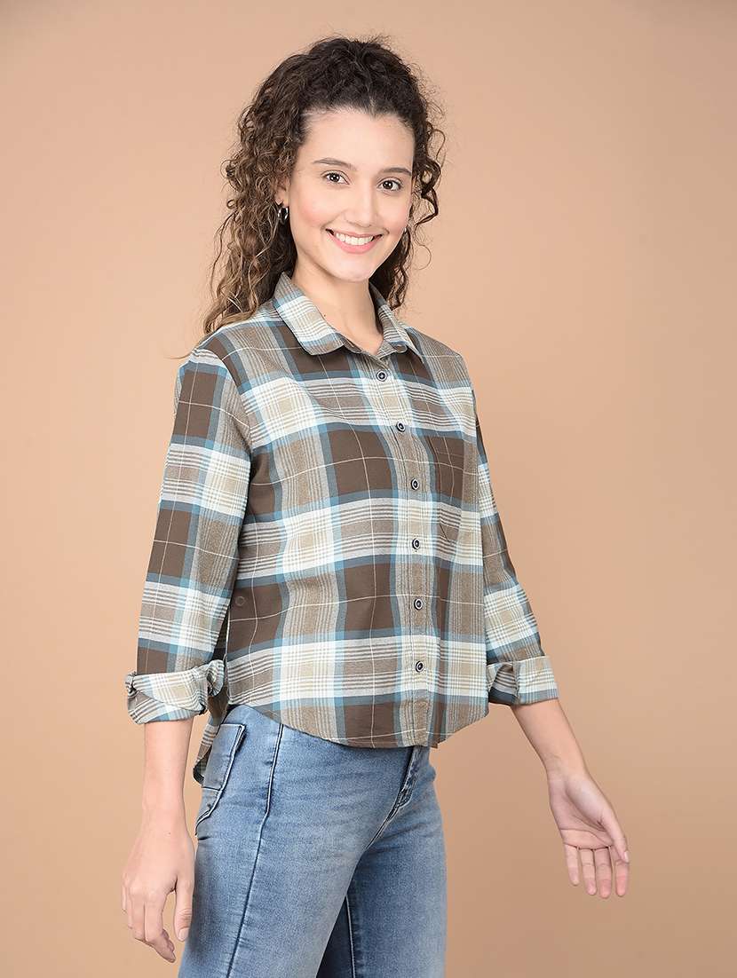 women checkered collared high low shirt - 21688701 -  Standard Image - 1