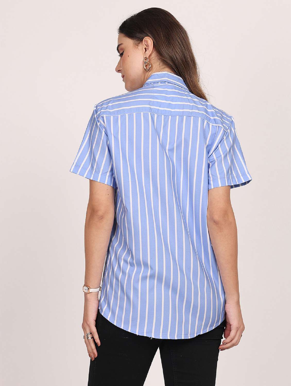 women striped short sleeve casual shirt - 21688704 - Standard Image - 4