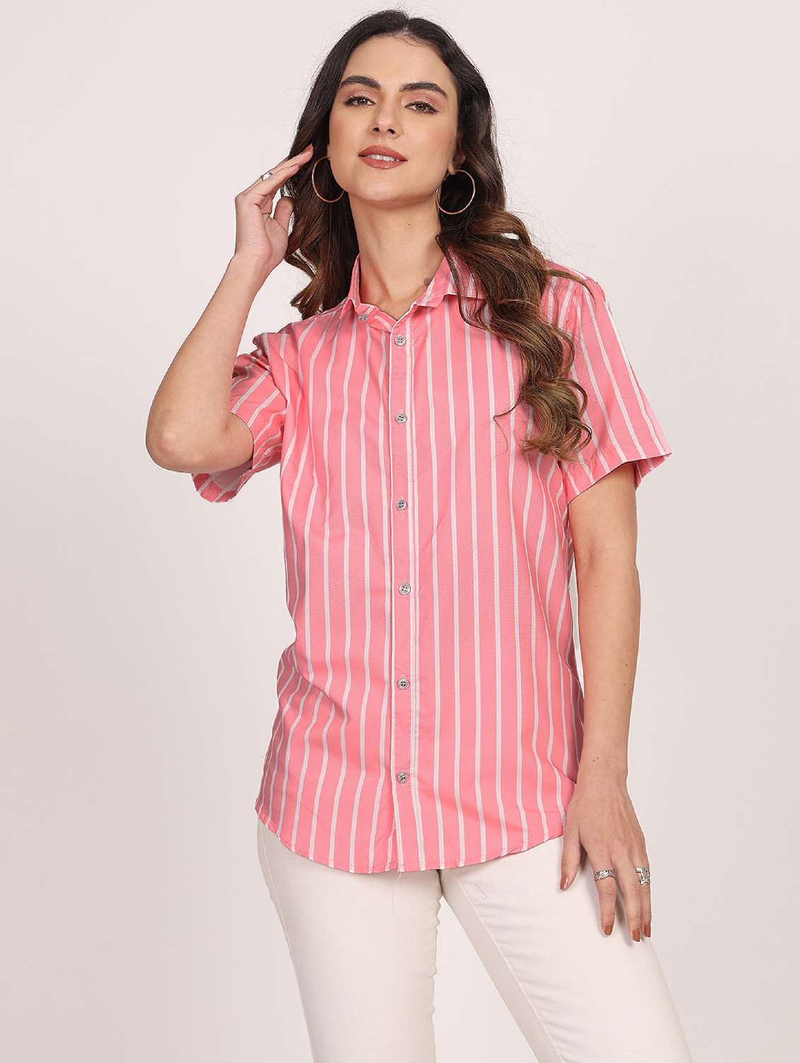 women striped short sleeve casual shirt