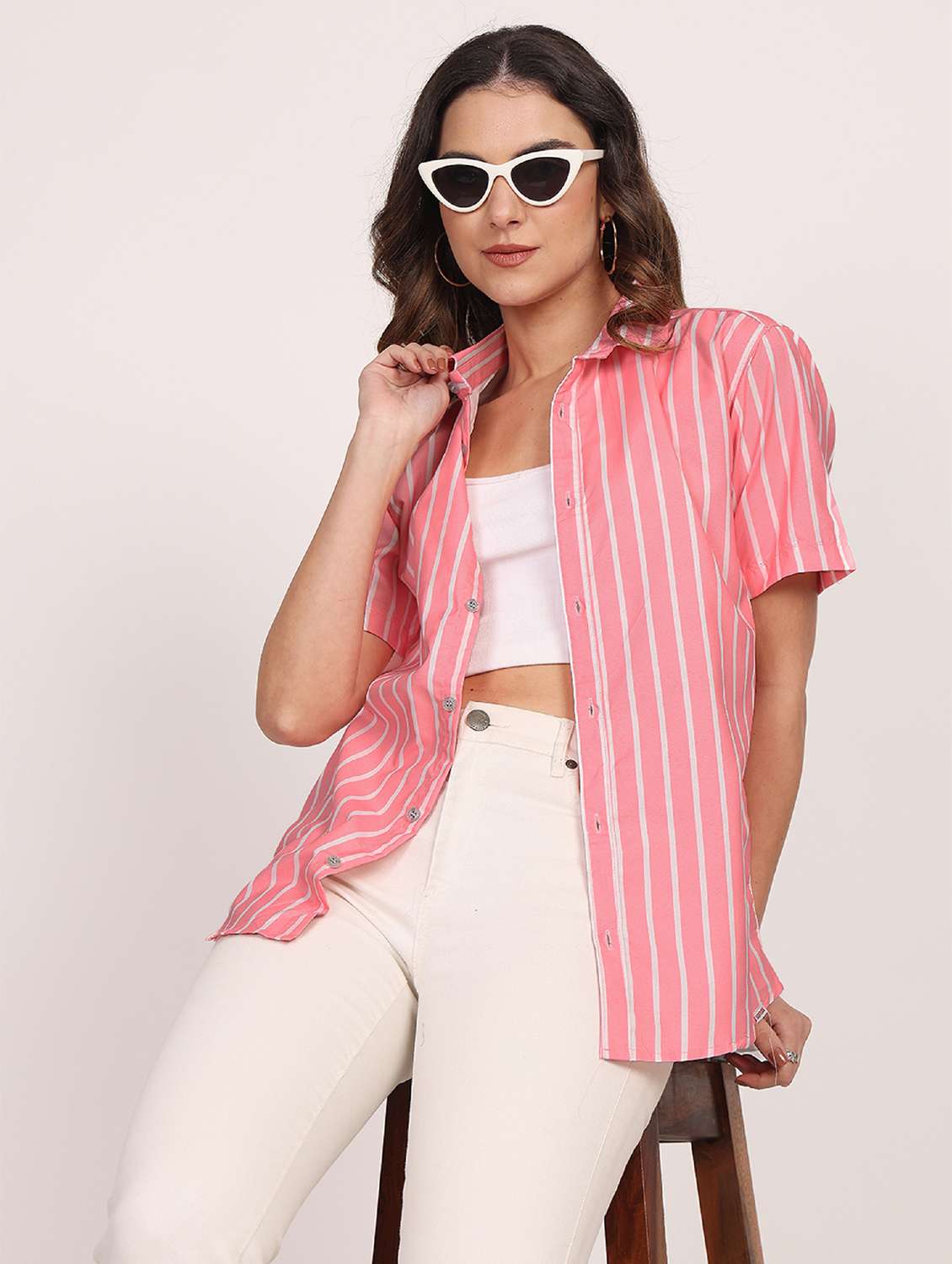 women striped short sleeve casual shirt - 21688705 - Standard Image - 1