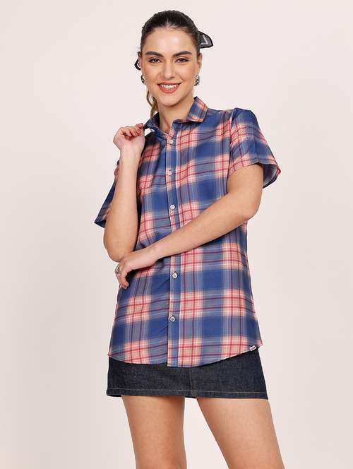 women checkered short sleeve casual shirt - 21688708 - Standard Image - 0