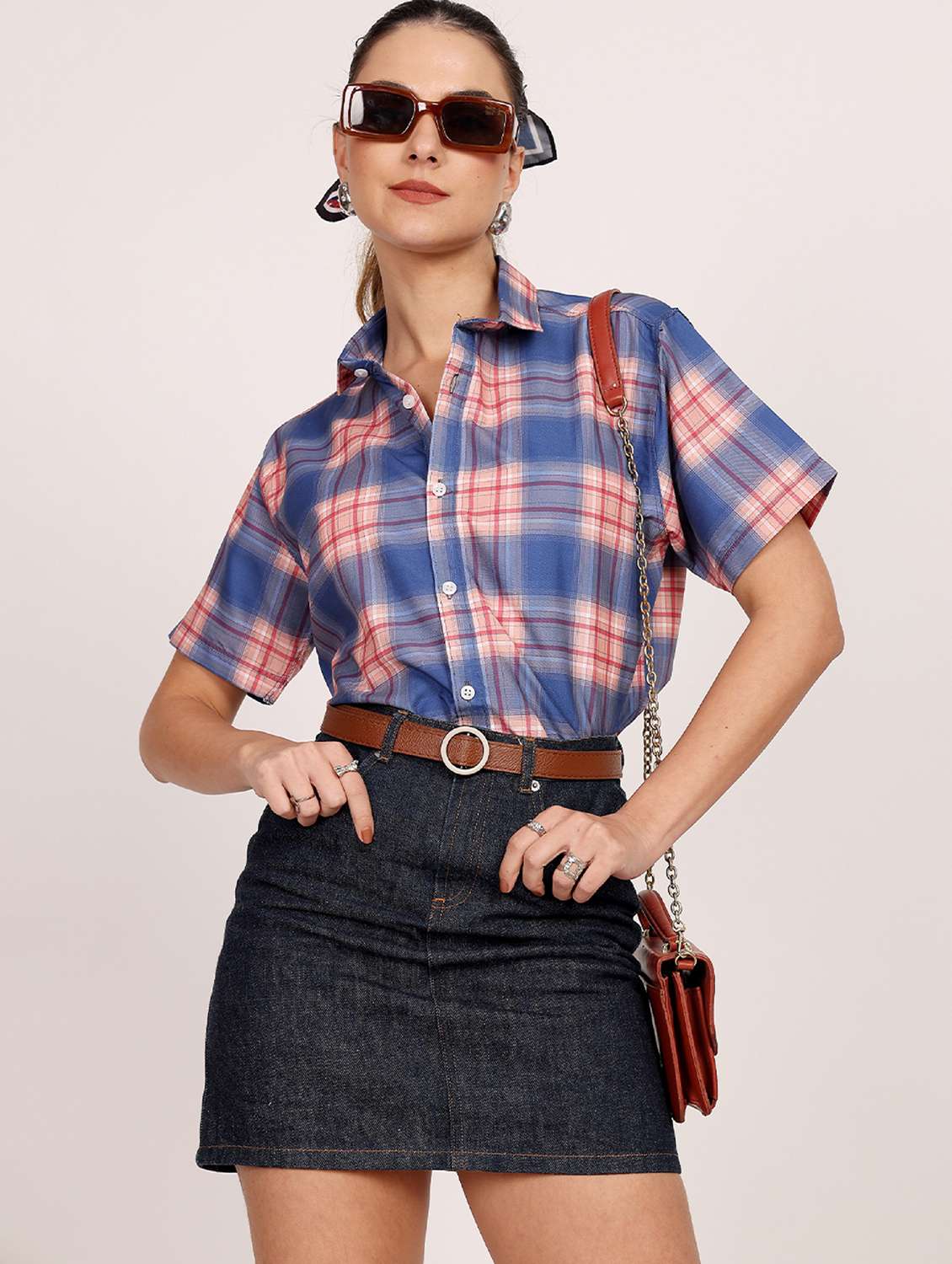 women checkered short sleeve casual shirt - 21688708 -  Standard Image - 1