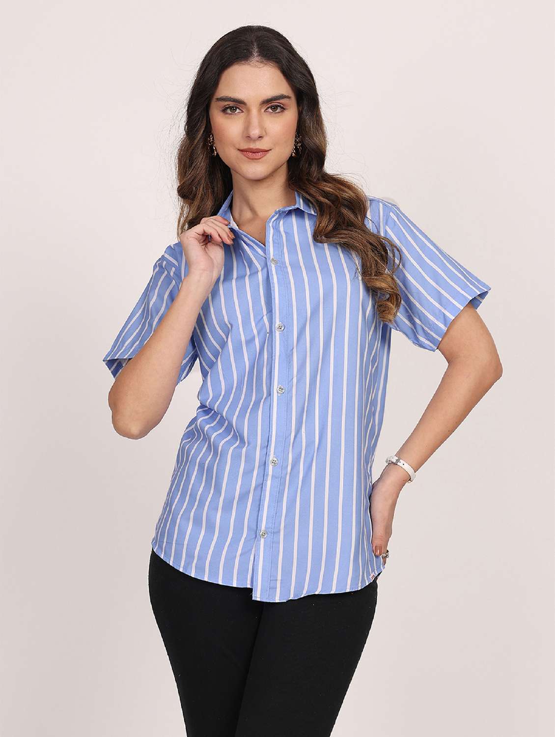 women striped short sleeve casual shirt