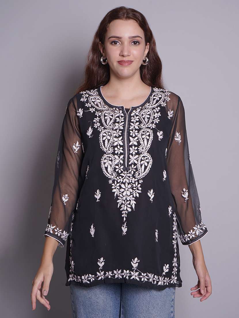 women three quarter sleeve straight chikankari kurti