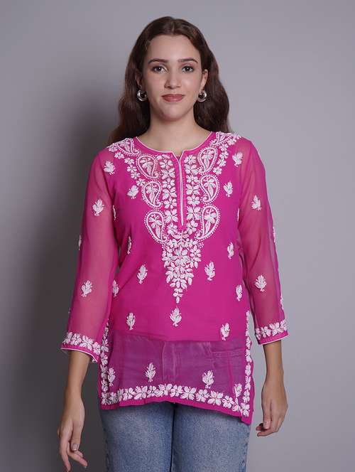 women three quarter sleeve straight chikankari kurti - 21688772 - Standard Image - 0