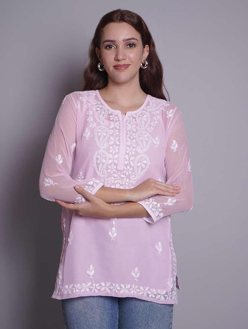 women three quarter sleeve straight chikankari kurti