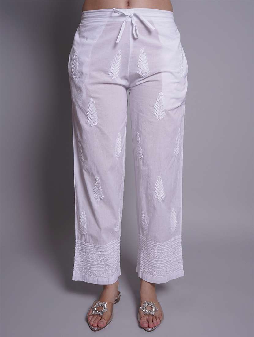 women white straight chikankari palazzo - 21688775 -  Zoom Image - 0