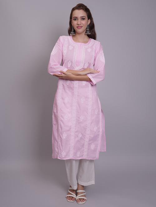 women three quarter sleeve straight chikankari kurta - 21688778 -  Standard Image - 0