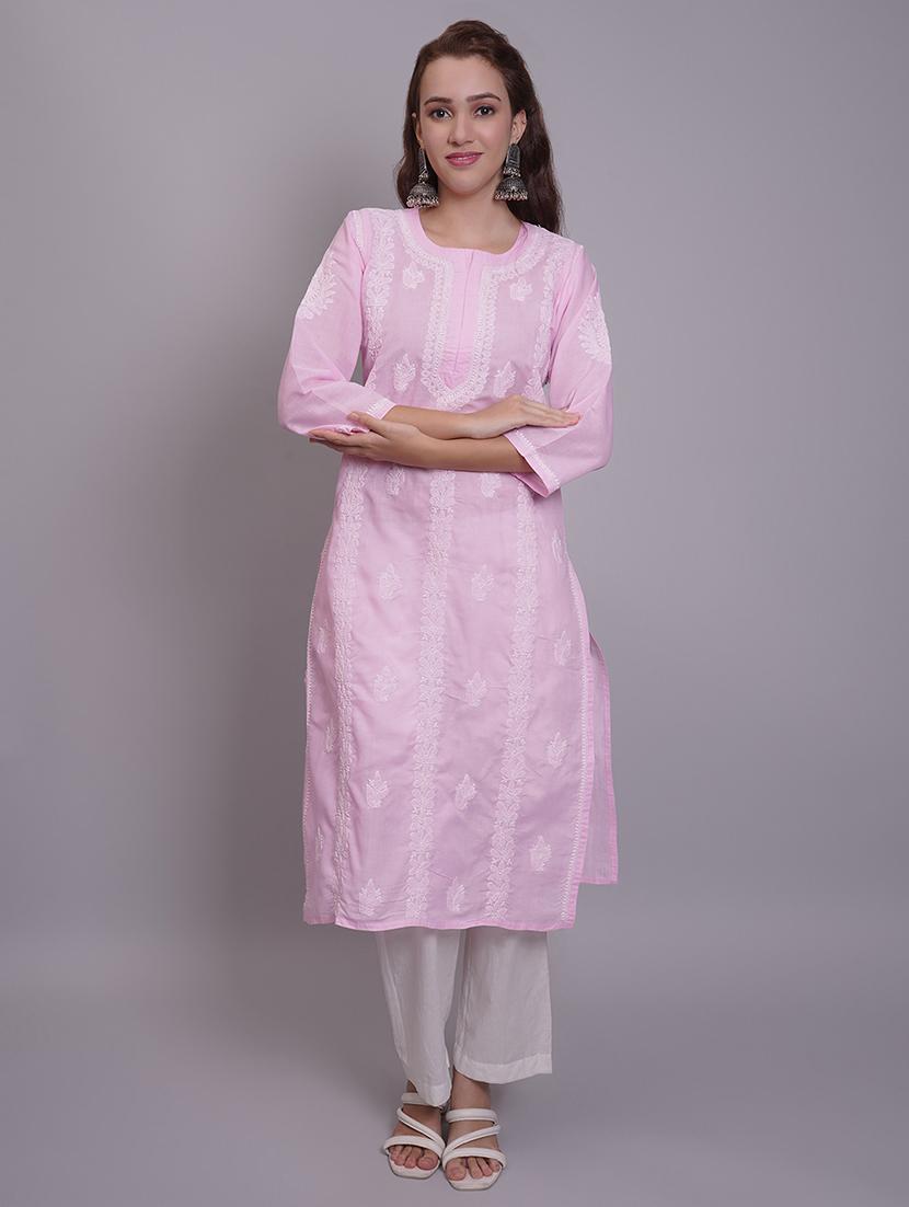 women three quarter sleeve straight chikankari kurta - 21688778 -  Zoom Image - 0