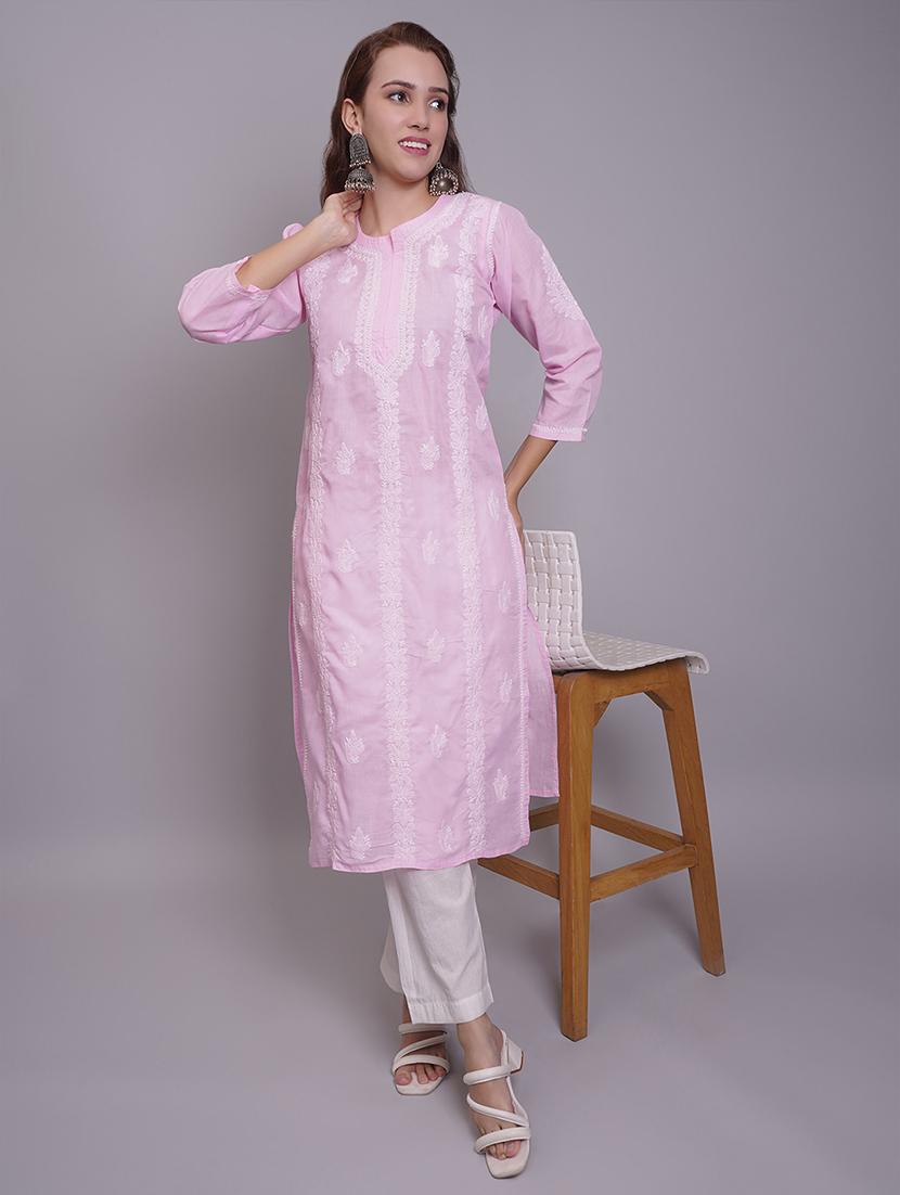 women three quarter sleeve straight chikankari kurta - 21688778 -  Standard Image - 1