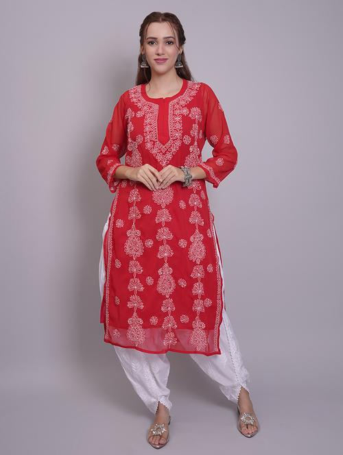 women three quarter sleeve straight chikankari kurta - 21688780 - Standard Image - 0
