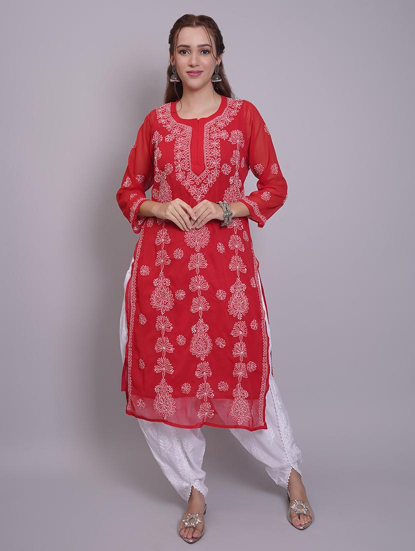women three quarter sleeve straight chikankari kurta - 21688780 - Zoom Image - 0