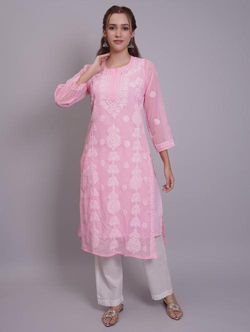 women three quarter sleeve straight chikankari kurta - 21688781 - Standard Image - 0