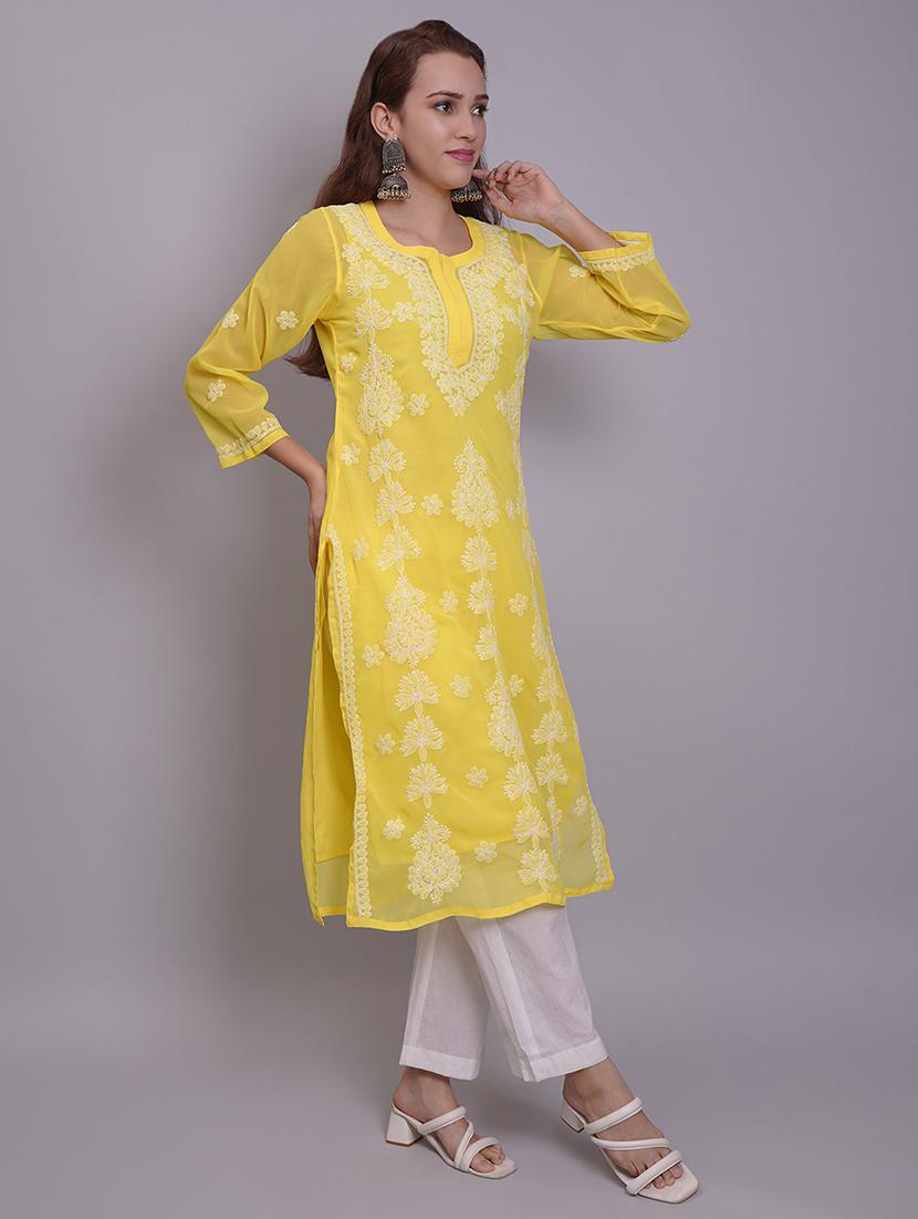 women three quarter sleeve straight chikankari kurta - 21688782 - Standard Image - 4