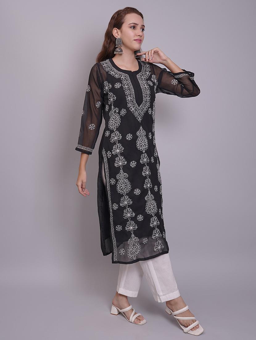 women three quarter sleeve straight chikankari kurta - 21688783 - Standard Image - 4