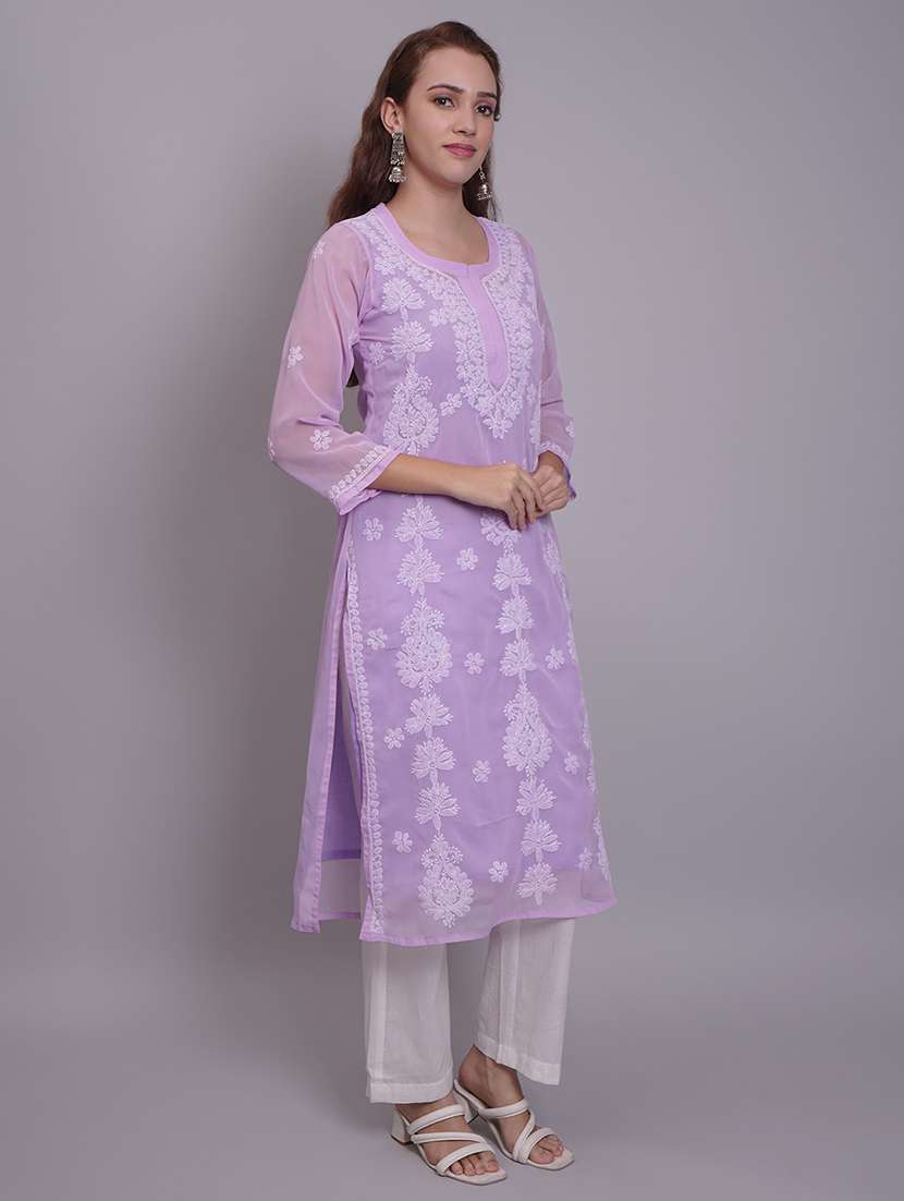 Women Three Quarter Sleeve Straight Chikankari Kurta - 21688784 -  Standard Image - 4