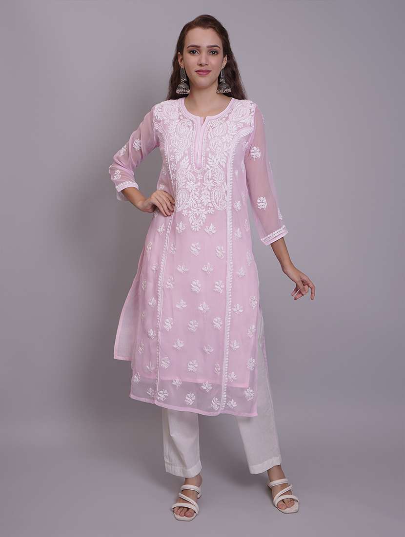 women three quarter sleeve straight chikankari kurta