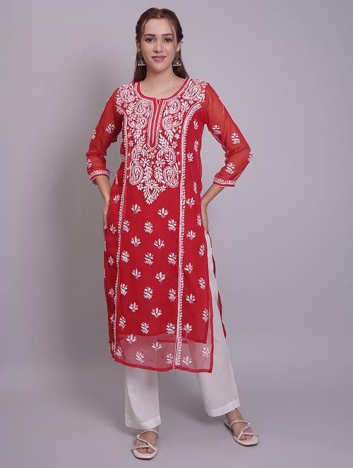 women three quarter sleeve straight chikankari kurta - 21688787 - Standard Image - 0