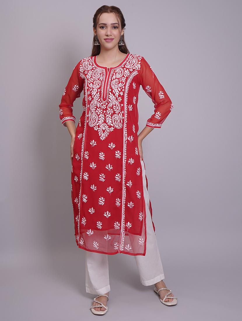 women three quarter sleeve straight chikankari kurta - 21688787 - Zoom Image - 0