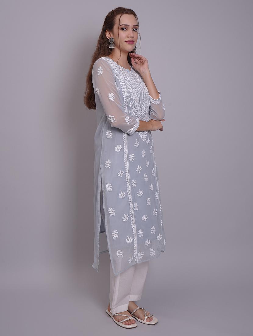 women three quarter sleeve straight chikankari kurta - 21688788 - Standard Image - 4