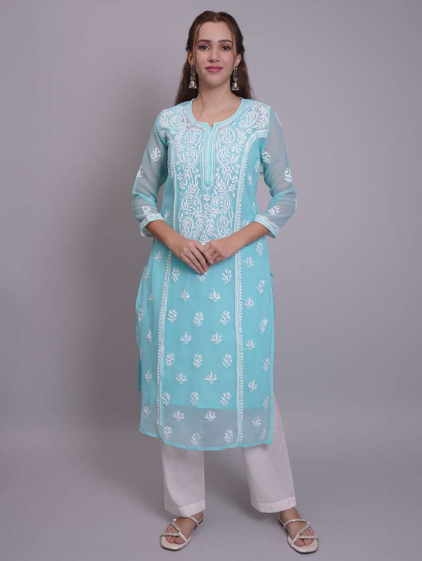 women three quarter sleeve straight chikankari kurta