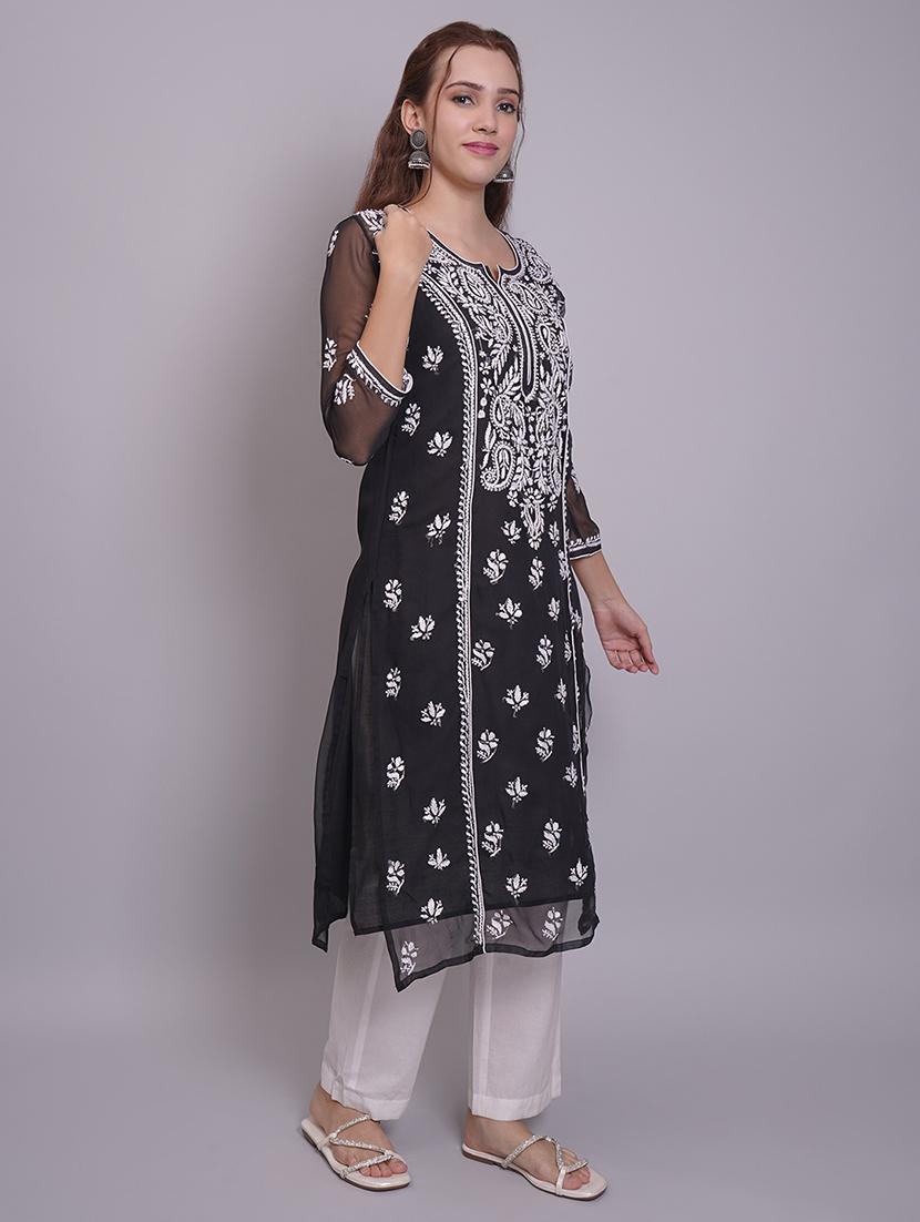 women three quarter sleeve straight chikankari kurta - 21688790 - Standard Image - 4
