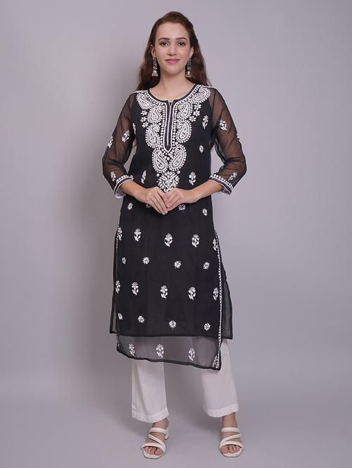 women three quarter sleeve straight chikankari kurta - 21688792 - Standard Image - 0