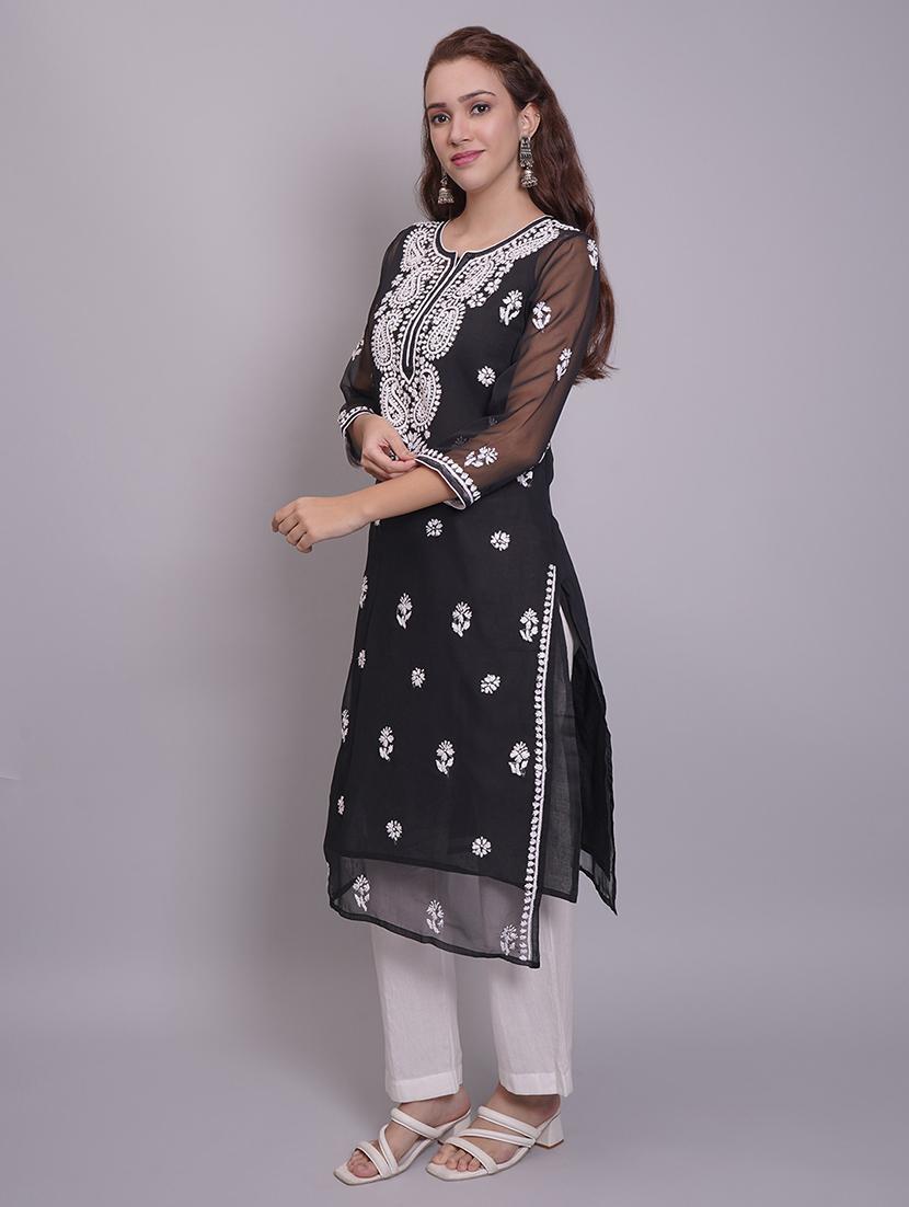 women three quarter sleeve straight chikankari kurta - 21688792 - Standard Image - 4