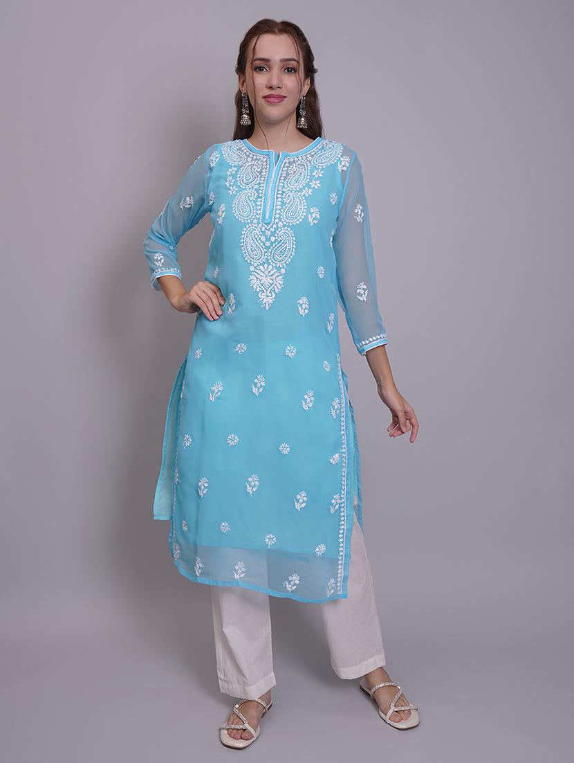 women three quarter sleeve straight chikankari kurta - 21688793 - Zoom Image - 0