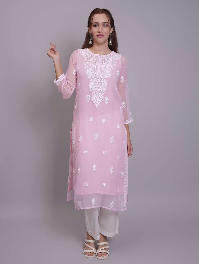 women three quarter sleeve straight chikankari kurta