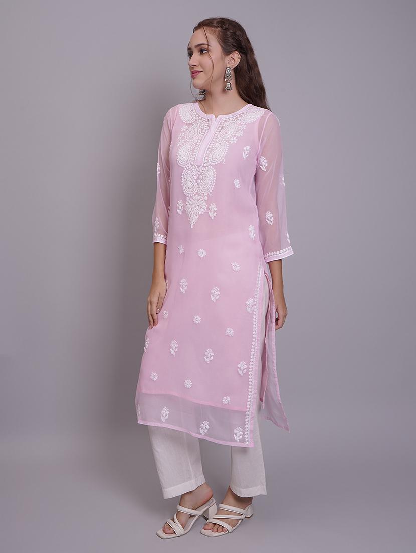 women three quarter sleeve straight chikankari kurta - 21688794 - Standard Image - 4