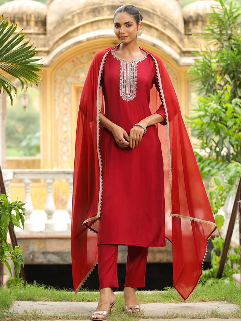 women three quarter sleeve kurta pant with dupatta set